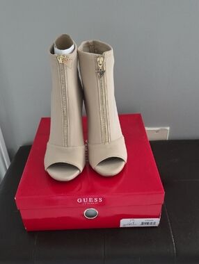 Guess Beige Peep-Toe Front-Zip Heeled Booties